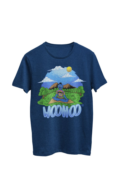 WooHooBerry practicing yoga outdoors in a seated crossed-leg pose, adorned in a tie-dye shirt that proudly displays 'WooHoo.' The navy T-shirt further emphasizes the central 'WooHoo' motif, blending harmoniously with the tranquil and mindful scene.